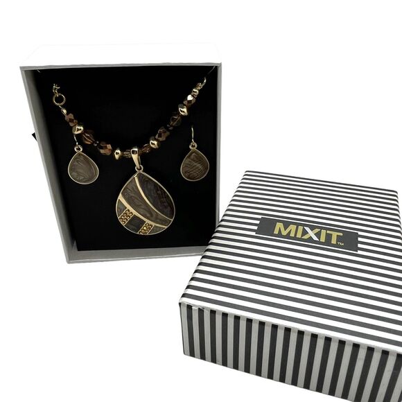 MIXIT Necklace Earring Set In Box Beaded Gold Tone Enamel Gift Statement Women - Picture 4 of 14